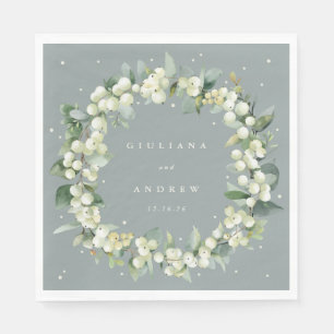 Elegant Green Snowberry+Eucalyptus Wreath Wedding Napkin