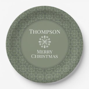Elegant Green Snowflake Pattern Border Paper Plate