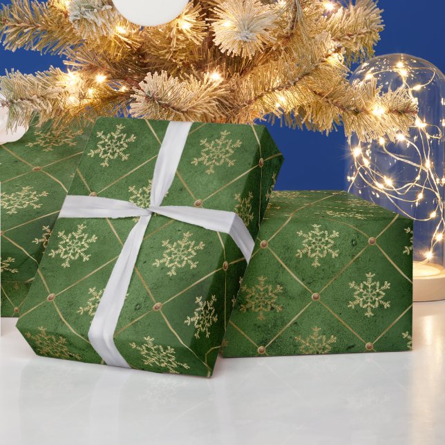 Elegant Green Snowflake Pattern with Gold Accents Wrapping Paper (Holidays)
