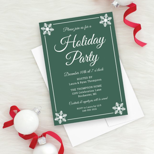 Elegant Green Snowflake Script Holiday Party Invitation (Creator Uploaded)