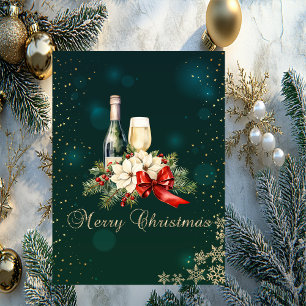 Elegant Green,Snowflakes,Poinsettia Wine Holiday Card
