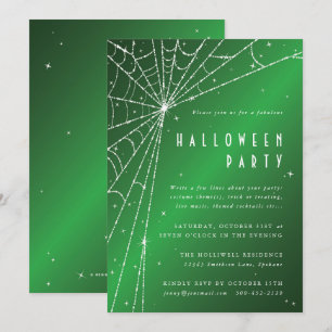 Elegant Green Sparkling Spider Web Halloween Party Invitation