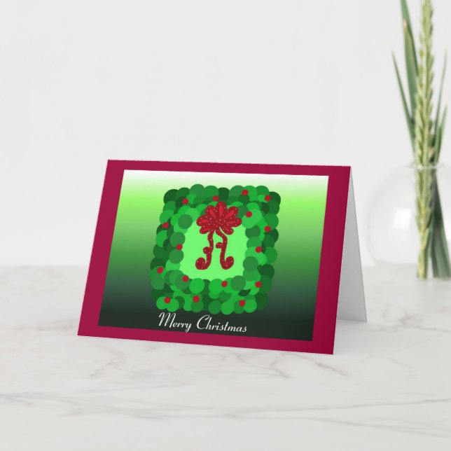 Elegant Green Square Wreath Holiday Card (Front)