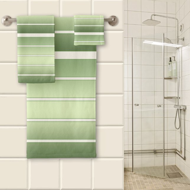 Elegant Green Striped  Bath Towel Set (A beautiful striped bathroom towel set in different shades of green with ivory)