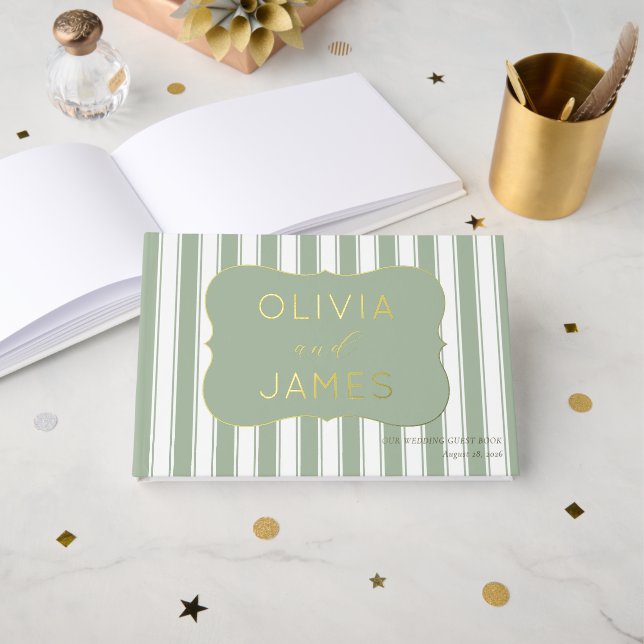 Elegant Green Striped Label Guest Book (Front Open)