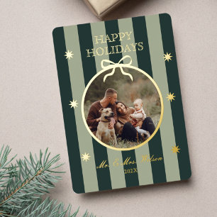 Elegant Green Striped Ornament Photo Holiday Card