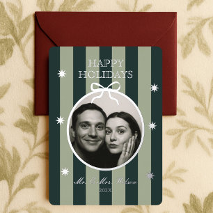 Elegant Green Striped Ornament Photo Holiday Card