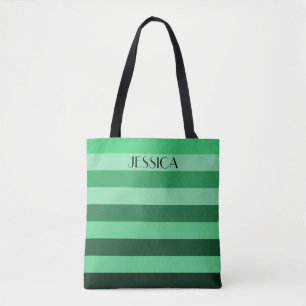 Elegant Green Striped Pattern Name Tote Bag