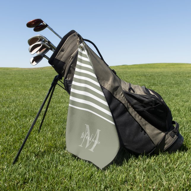 Elegant Green Striped Personalised Monogram Name  Golf Towel (Green)