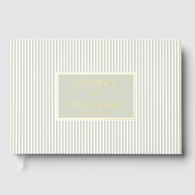 Elegant Green Striped Rectangle Guest Book (Front)