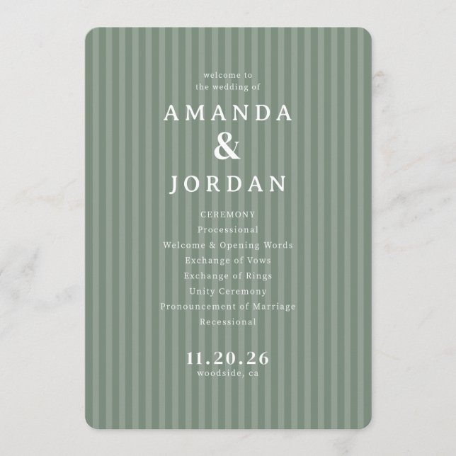 Elegant Green Striped Wedding Ceremony Programme (Front)