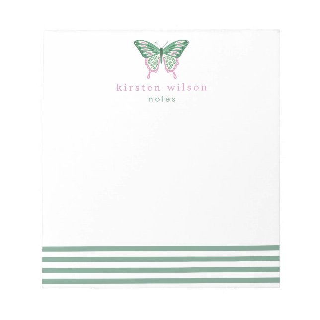Elegant Green Stripes & Butterfly - Personalised Notepad (Front)