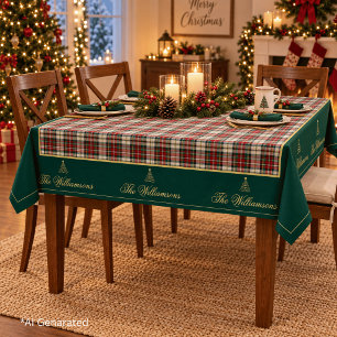 Elegant Green Tartan Christmas Tree Gold Script Tablecloth