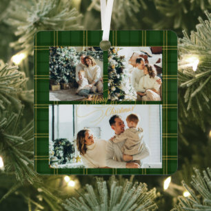 Elegant Green Tartan Family Photo Christmas Card Metal Tree Decoration