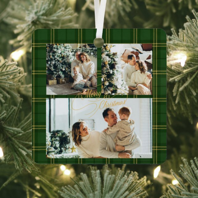 Elegant Green Tartan Family Photo Christmas Card Metal Tree Decoration (Insitu)