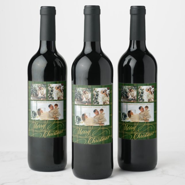 Elegant Green Tartan Family Photo Christmas Card Wine Label (Bottles)