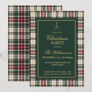 Elegant Green Tartan Gold Script Christmas Party Invitation