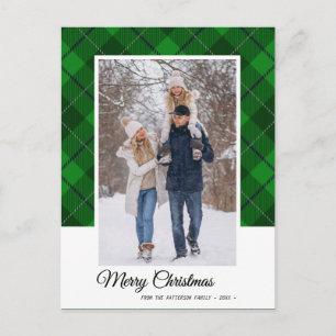 Elegant Green Tartan Merry Christmas Family Photo Postcard