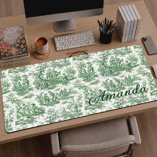 Elegant Green Toile de Jouy Monogram Desk Mat