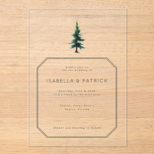 Elegant Green Tree Illustration Acrylic Invitations (Front)