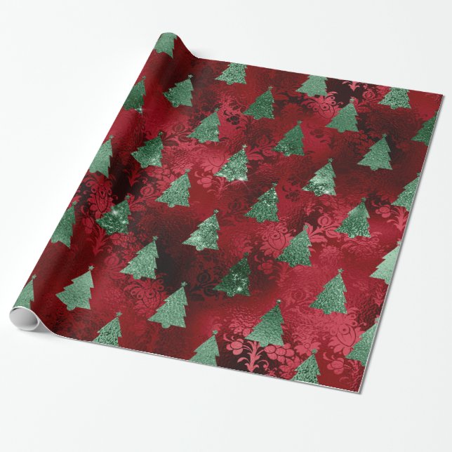 Elegant Green Trees Christmas Wrapping Paper (Unrolled)