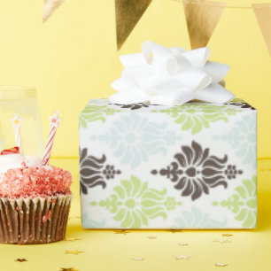 Elegant green turquoise brown damask pattern wrapping paper