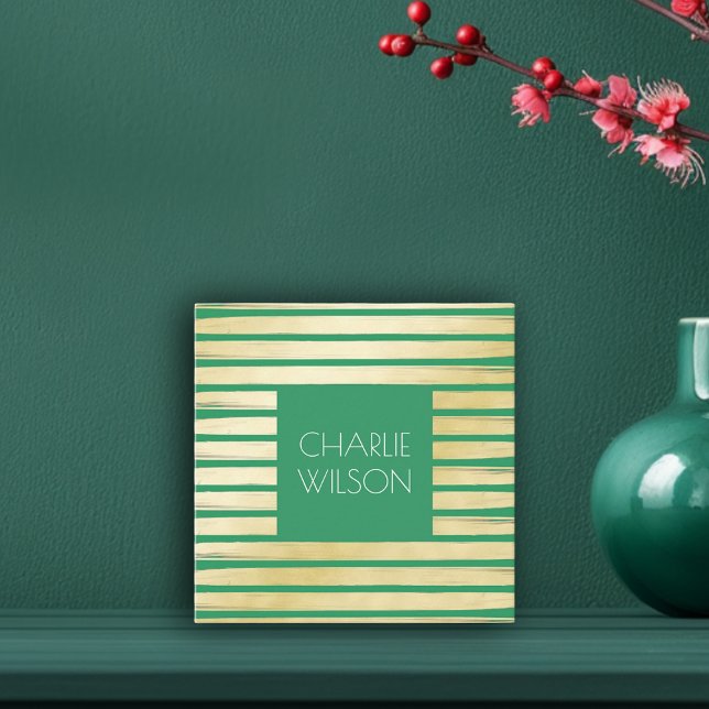 Elegant green turquoise gold foil paint striped square business card (Elegant green turquoise gold paint striped frame square business card)