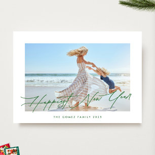 Elegant Green Typography Photo Happiest New Year Holiday Card