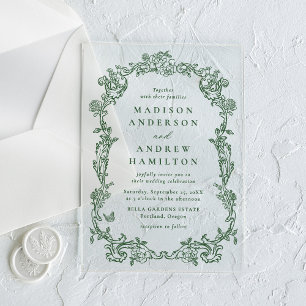 Elegant Green Victorian Floral Frame Wedding Acrylic Invitations