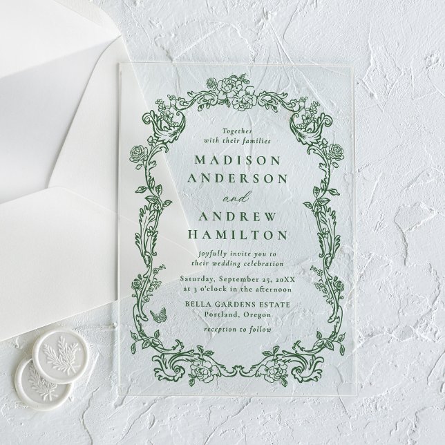 Elegant Green Victorian Floral Frame Wedding Acrylic Invitations (Creator Uploaded)