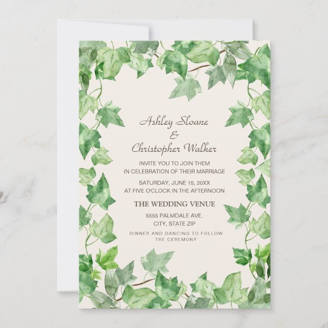 Elegant Green Vining Leaves Ivy Cream Wedding Invitation (Front)