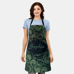 Elegant green vintage damask floral pattern apron