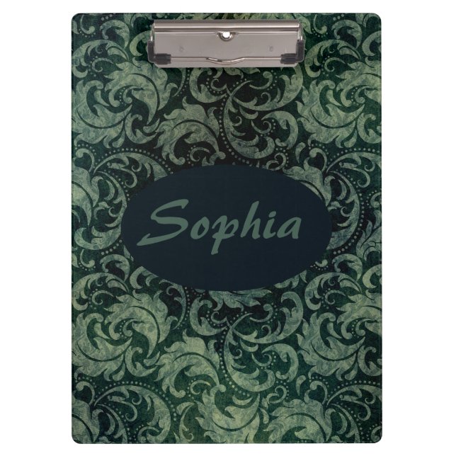 Elegant green vintage damask floral pattern clipboard (Front)