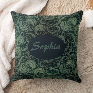 Elegant green vintage damask floral pattern cushion
