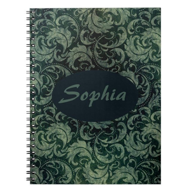 Elegant green vintage damask floral pattern notebook (Front)