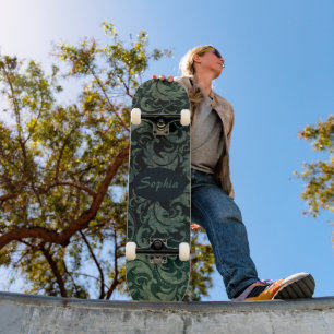 Elegant green vintage damask floral pattern skateboard