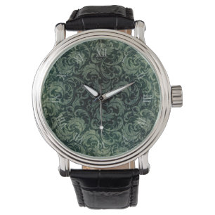 Elegant green vintage damask floral pattern watch
