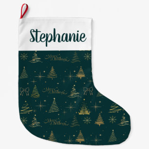 Elegant Green W/ Gold Christmas Tree Doodles  Large Christmas Stocking