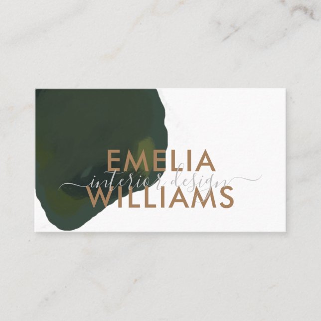 Elegant Green Watercolor Abstract Gold Script  Business Card (Front)