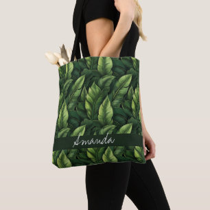 Elegant Green Watercolor Banana Leaf with Name Tote Bag