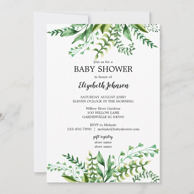 Elegant Green Watercolor Botanical Baby Shower Invitation (Front)