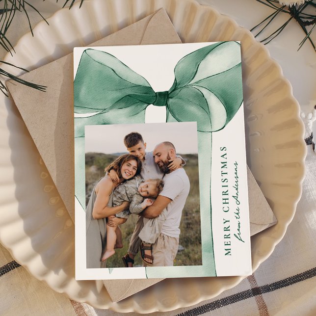 Elegant Green Watercolor Bow 3 Photo Holiday Card (Creator Uploaded)