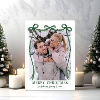 Elegant Green Watercolor Bow Merry Christmas Photo Holiday Card