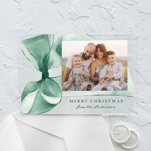 Elegant Green Watercolor Bow Photo Holiday Card Acrylic Invitations (Creator Uploaded)