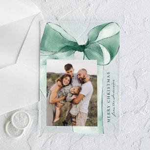 Elegant Green Watercolor Bow Photo Holiday Card Acrylic Invitations