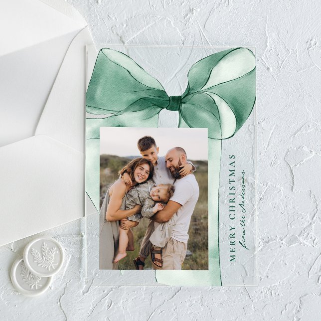Elegant Green Watercolor Bow Photo Holiday Card Acrylic Invitations (Creator Uploaded)