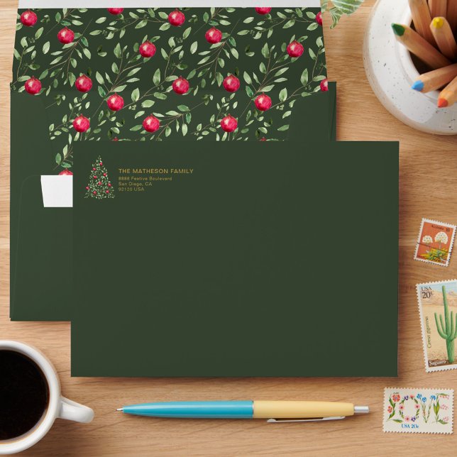 Elegant Green Watercolor Christmas Tree Foliage Envelope (Green Christmas envelopes with watercolor tree and red ornaments custom family name and address)