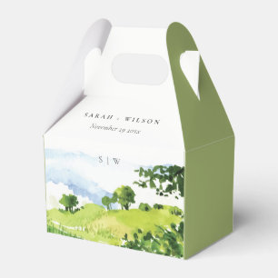 Elegant Green Watercolor Countryside Hills Wedding Favour Box