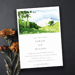 Elegant Green Watercolor Countryside Hills Wedding Invitation