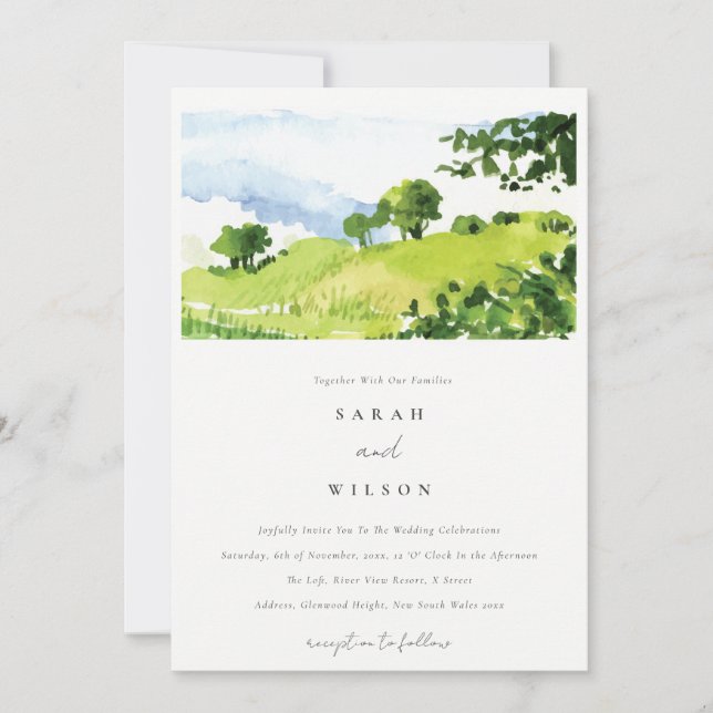 Elegant Green Watercolor Countryside Hills Wedding Invitation (Front)